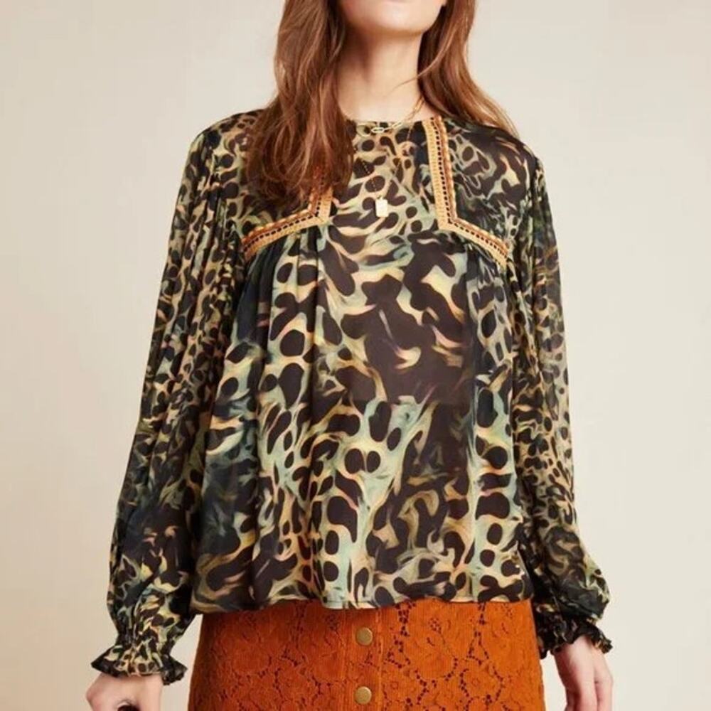 Anthropologie Blank London XS Joelle Leopard Blouse Balloon Sleeve Peasant Top